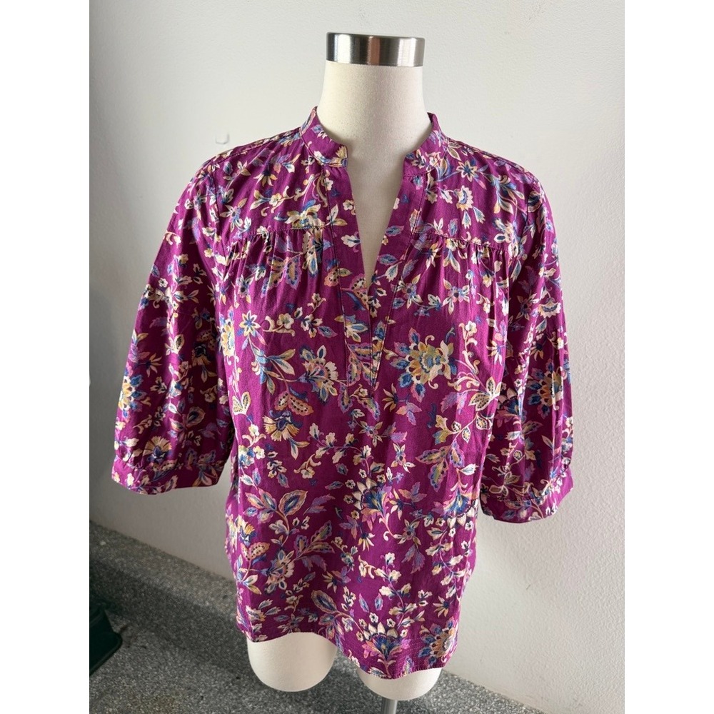J Jill Womens Petite Medium Magenta Paisley Floral 100% Cotton Button Up Shirt
